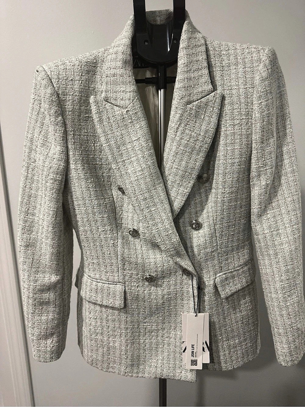Zara Textured Double-Breasted Blazer Gray Large